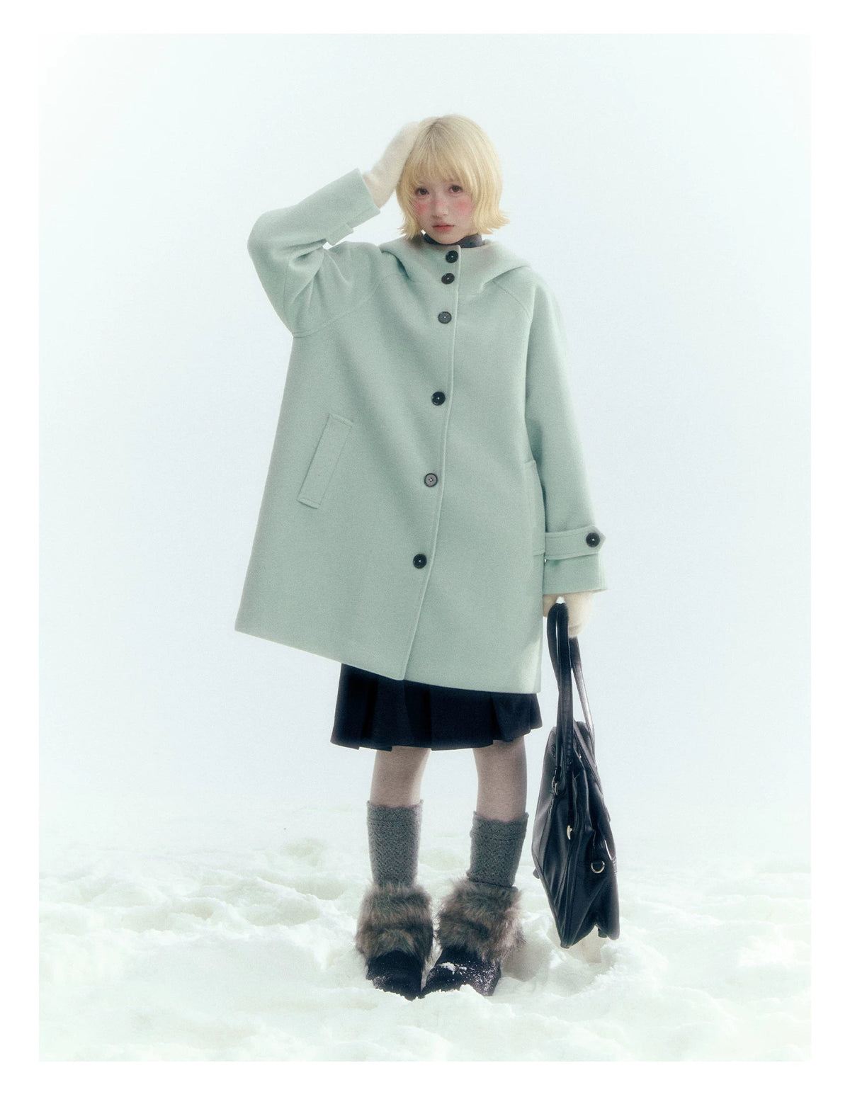 Pale Aqua Green Hooded Cocoon Wool-Blend Coat