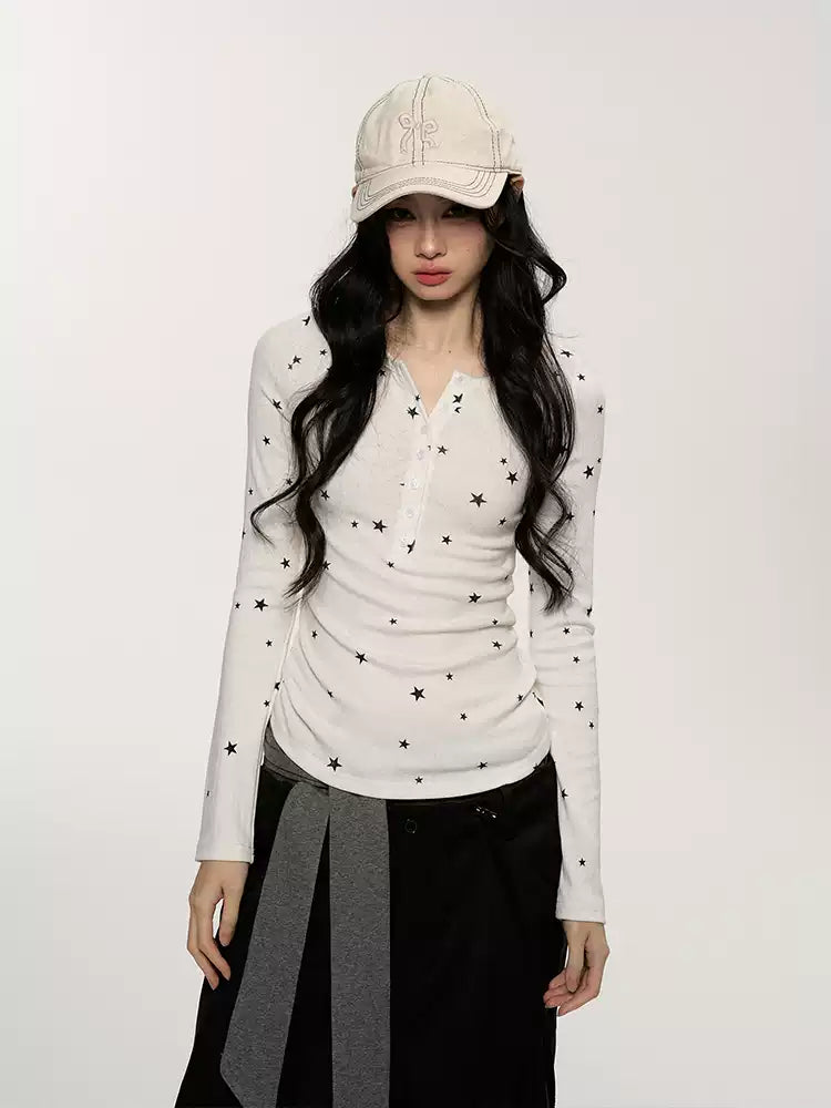 JN's DESIGN - Star Print Fitted Henley Long-Sleeve Top (White / Taro Pink-Purple)