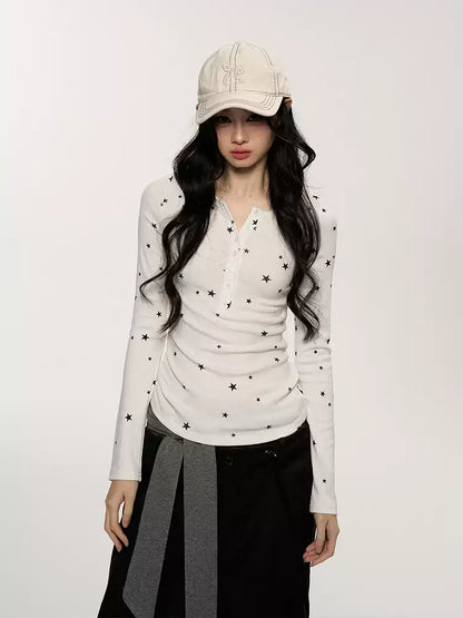 JN's DESIGN - Star Print Fitted Henley Long-Sleeve Top (White / Taro Pink-Purple)