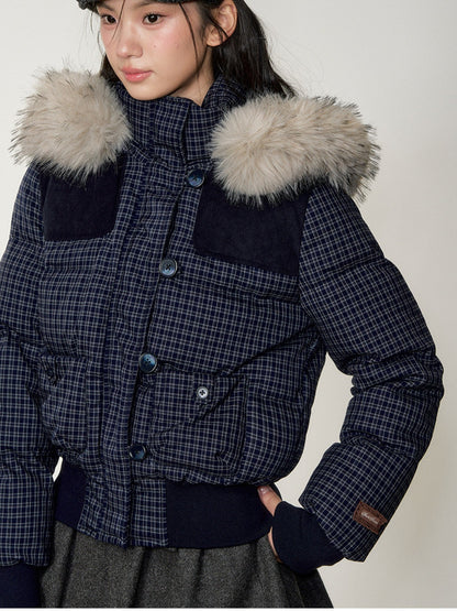 Soote Season - Navy Plaid Faux Fur Collar Cropped Hooded Down Jacket