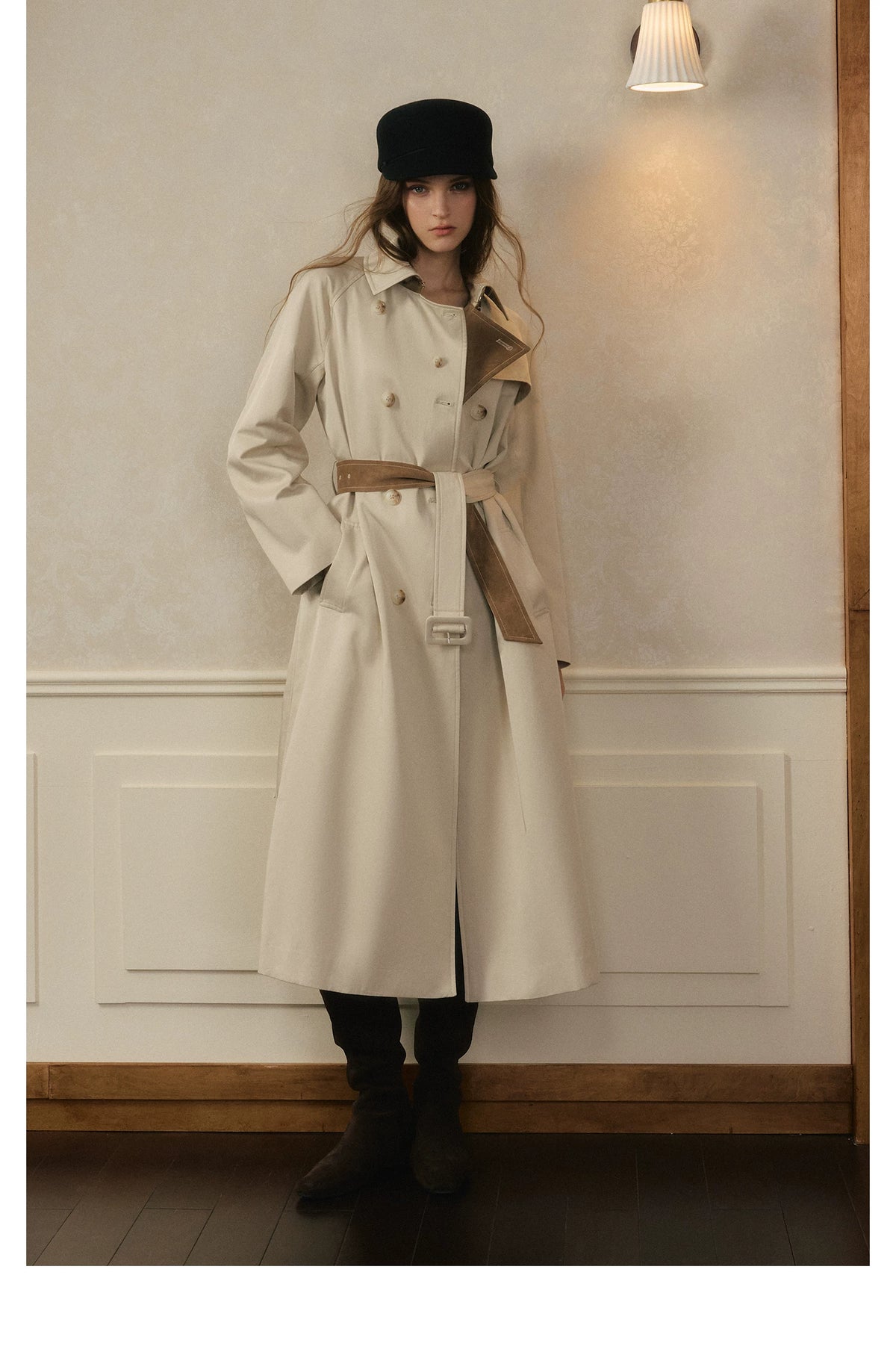 oshea - Moonlight Gray Double-Breasted Belted Long Trench Coat