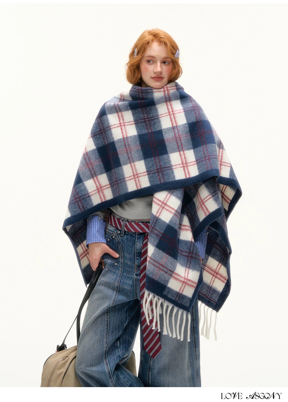 ASGONY - Navy Plaid Fringe Wrap Scarf