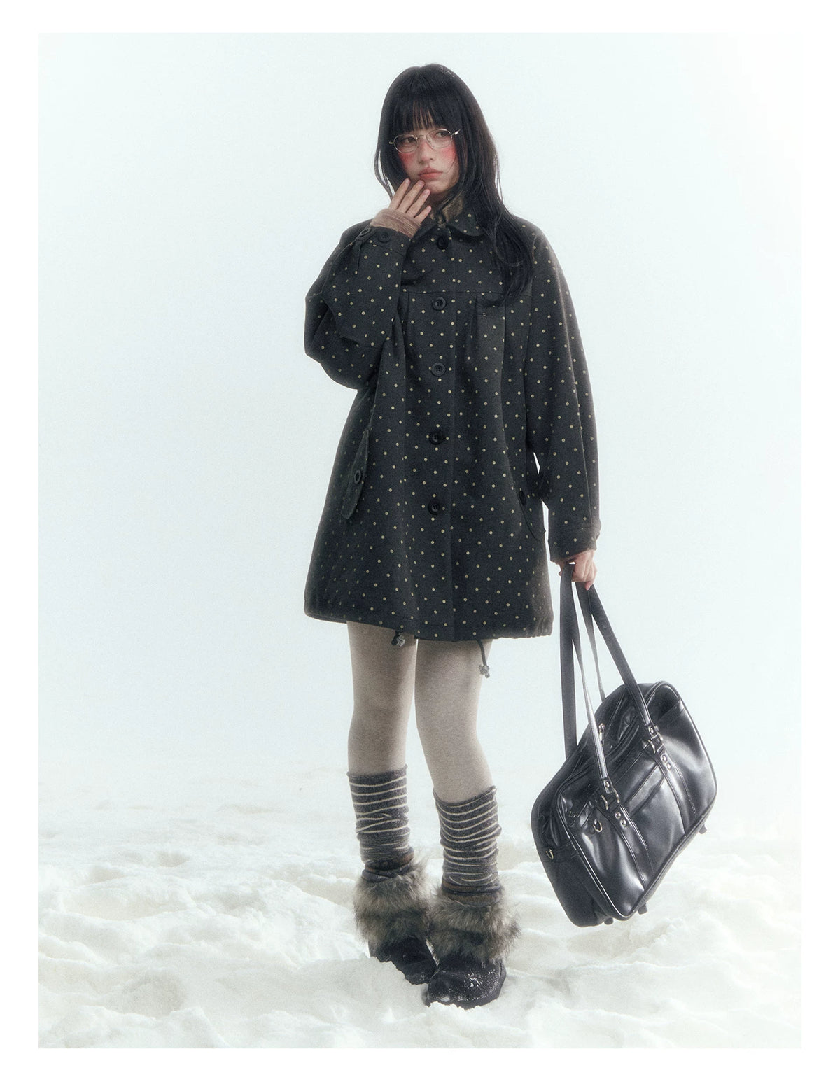 Horridale - Peter Pan Collar Pleated Mid-Length Wool-Blend Coat – Gray Polka Dot