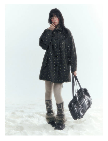 Horridale - Peter Pan Collar Pleated Mid-Length Wool-Blend Coat – Gray Polka Dot