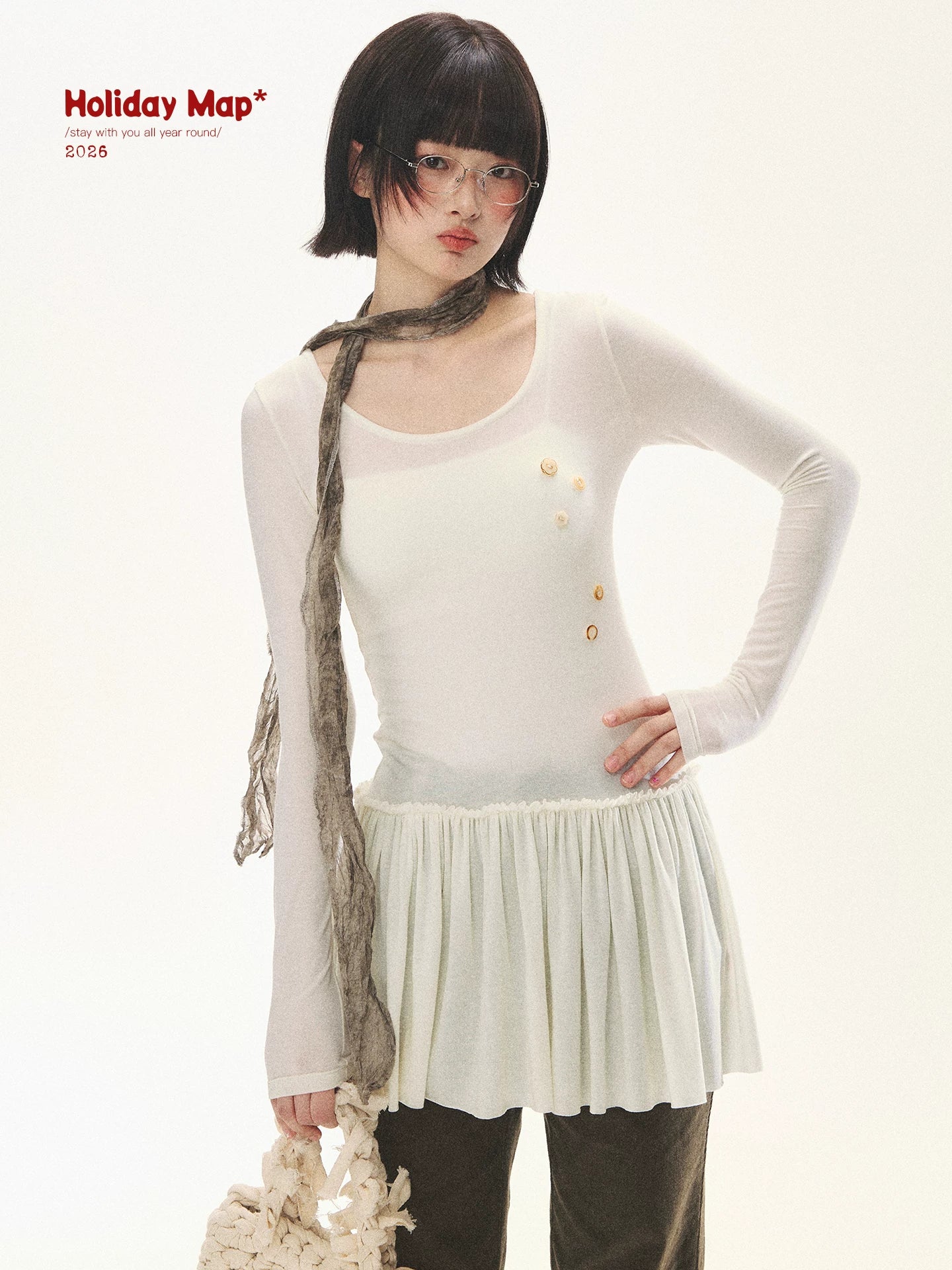 "Spring Memoir" TENCEL™ Wool Pleated Knit Midi Dress (Oat Gray/ Butter Cream)