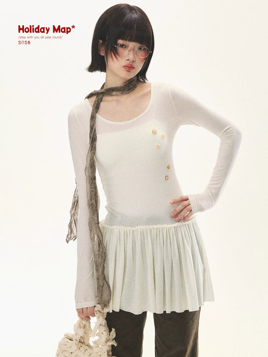 "Spring Memoir" TENCEL™ Wool Pleated Knit Midi Dress (Oat Gray/ Butter Cream)