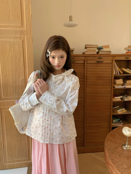 “Pudding Bear Letter” White Teddy Print Lace Blouse