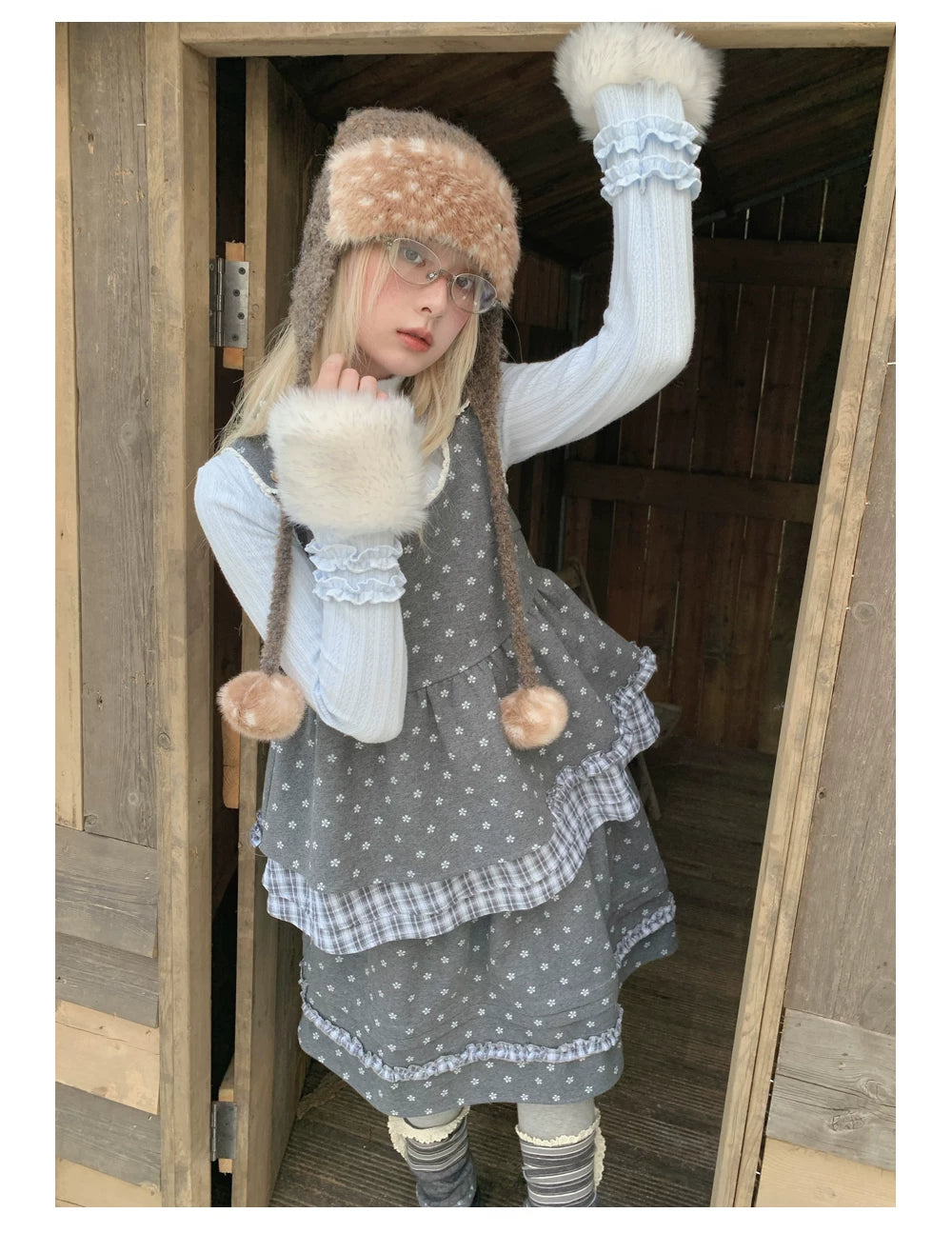 RF - Gray Floral Pinafore Top and Plaid Ruffle Skirt Set
