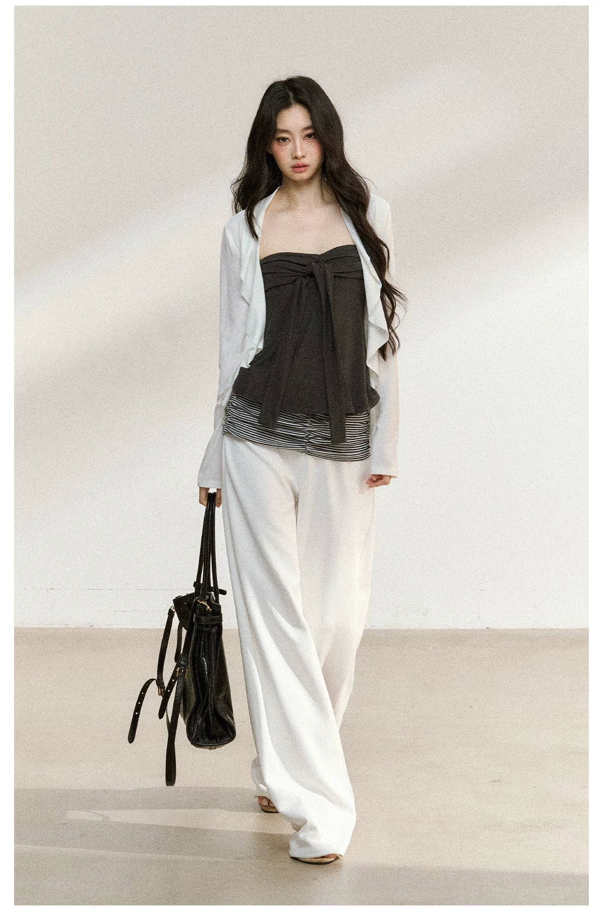 JN's DESIGN - White Ruffle Overshirt & Gray Cami Set