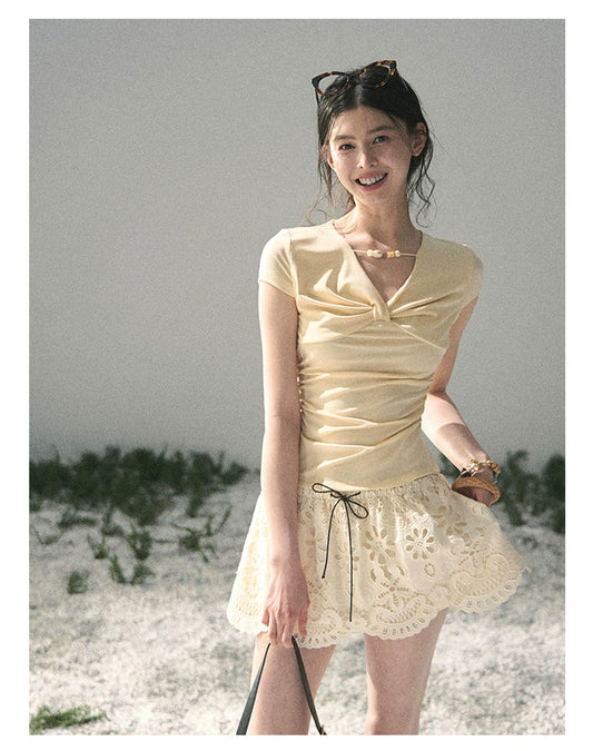 “Sheer Spring Whisper” Milkshake Yellow Twist V-Neck Top