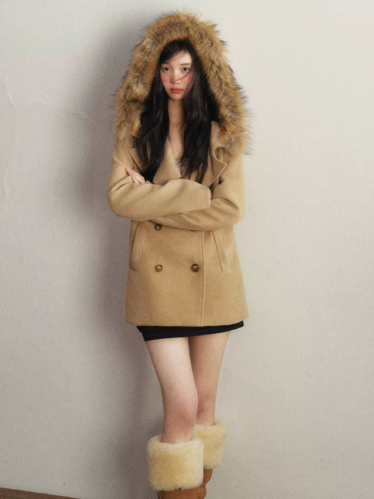 1P - Faux Fur Collar Double-Breasted Wool-Blend Coat