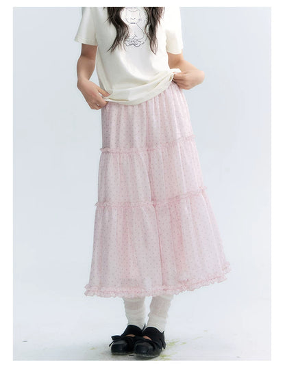 "Bubble Dream" Pink Lavender Polka Dot Tiered Midi Skirt