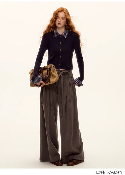 ASGONY - Pleated Wide-Leg Trousers with Detachable Tie (Gray / Brown)
