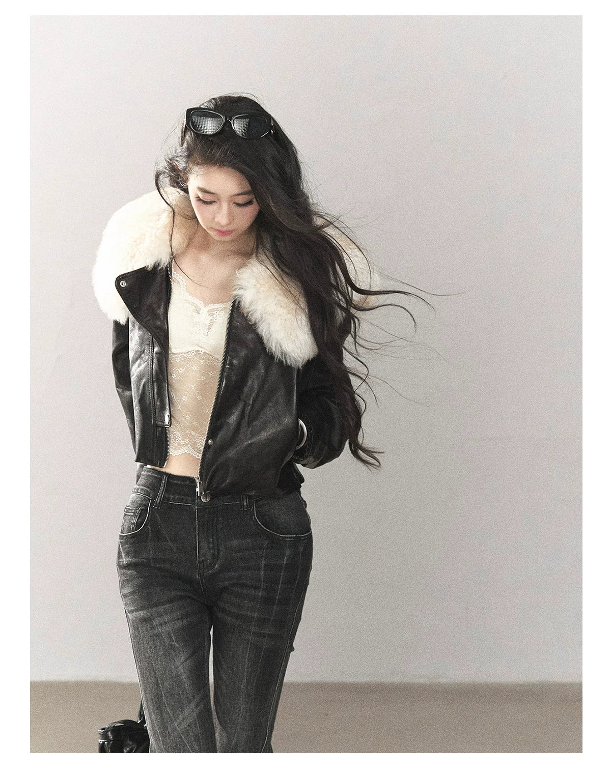 AOMALM - Black Lambskin Leather Goose Down Jacket