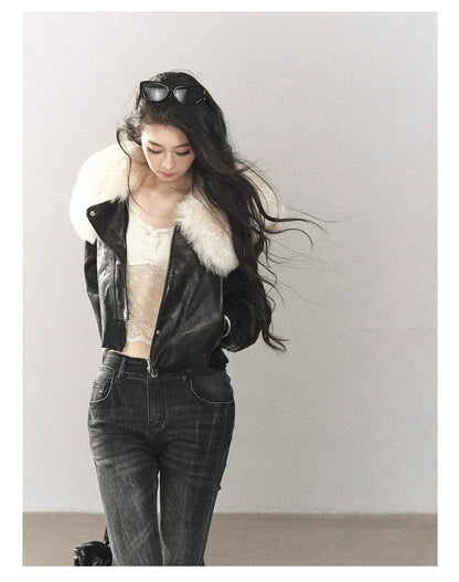 AOMALM - Black Lambskin Leather Goose Down Jacket