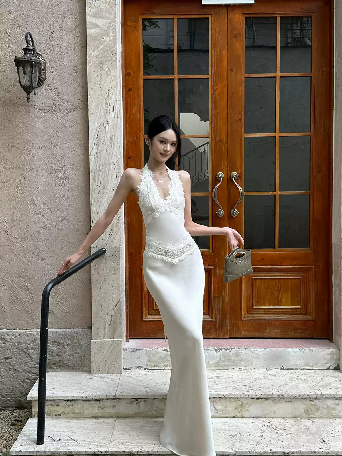VENUIE - Champagne Satin Lace-Trim Halter Mermaid Maxi Dress