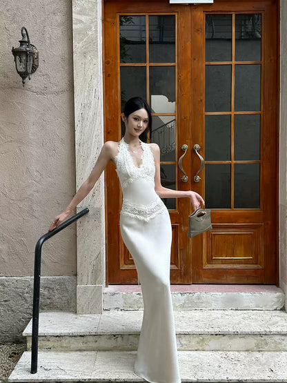 VENUIE - Champagne Satin Lace-Trim Halter Mermaid Maxi Dress