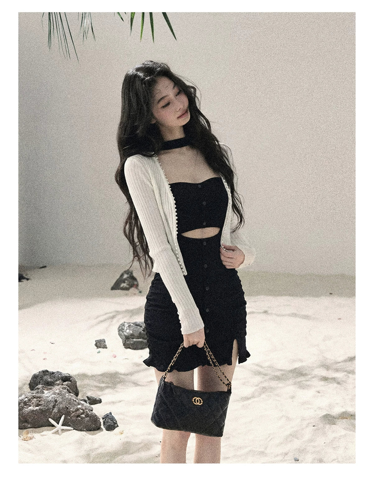 "Between Light and Shadow" Midnight Black Halter Knit Bodycon Mini Dress