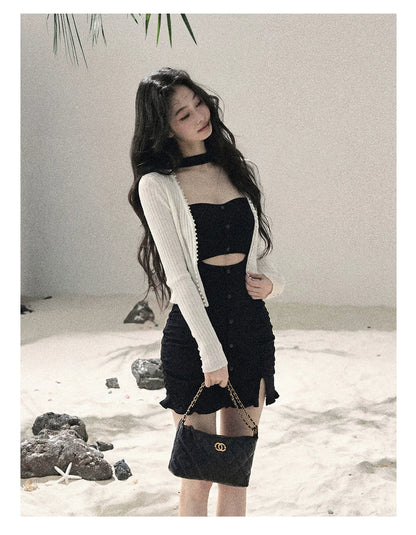 "Between Light and Shadow" Midnight Black Halter Knit Bodycon Mini Dress