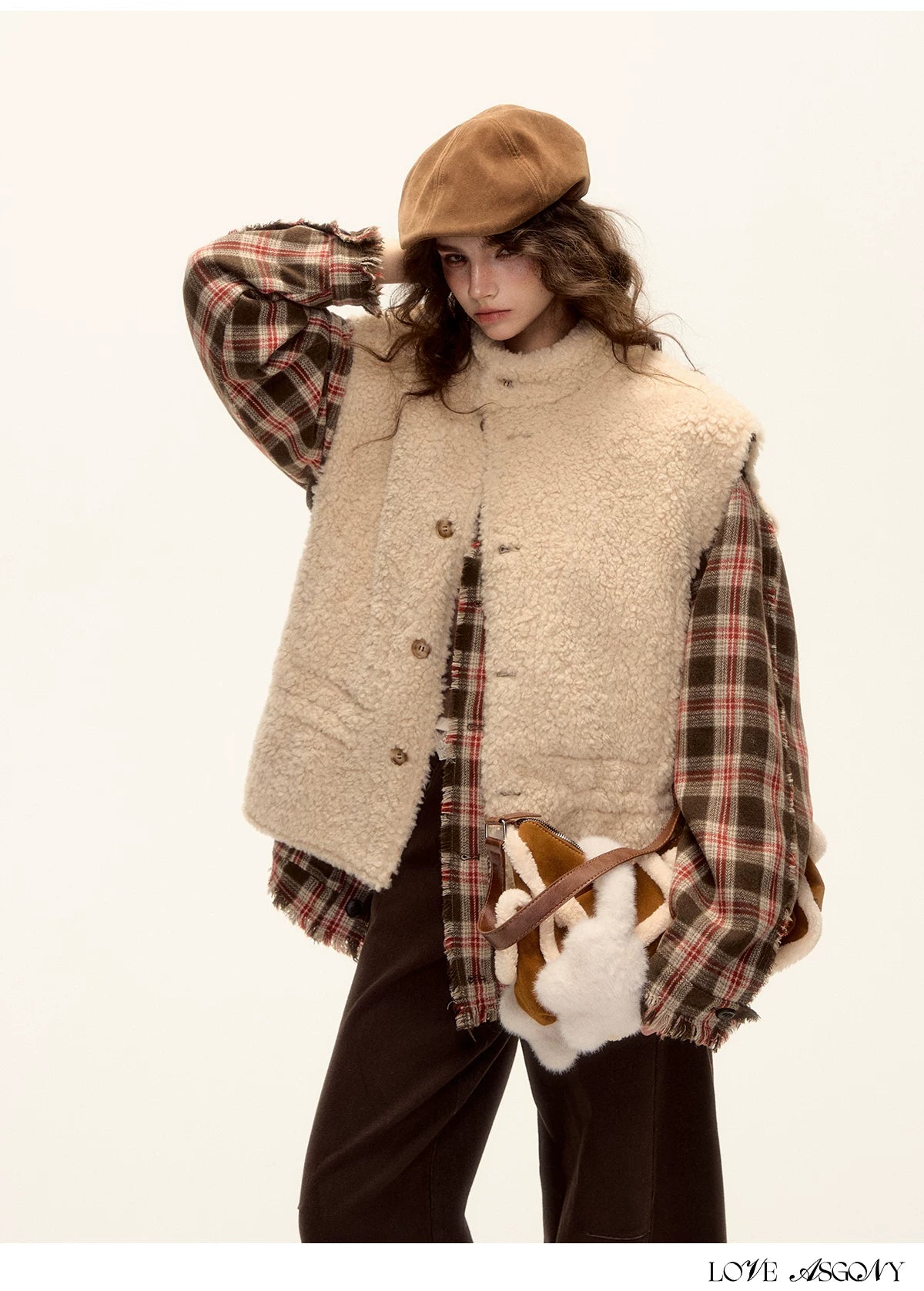 ASGONY - Brown Reversible Suede Faux Shearling Drawstring Vest