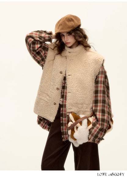 ASGONY - Brown Reversible Suede Faux Shearling Drawstring Vest