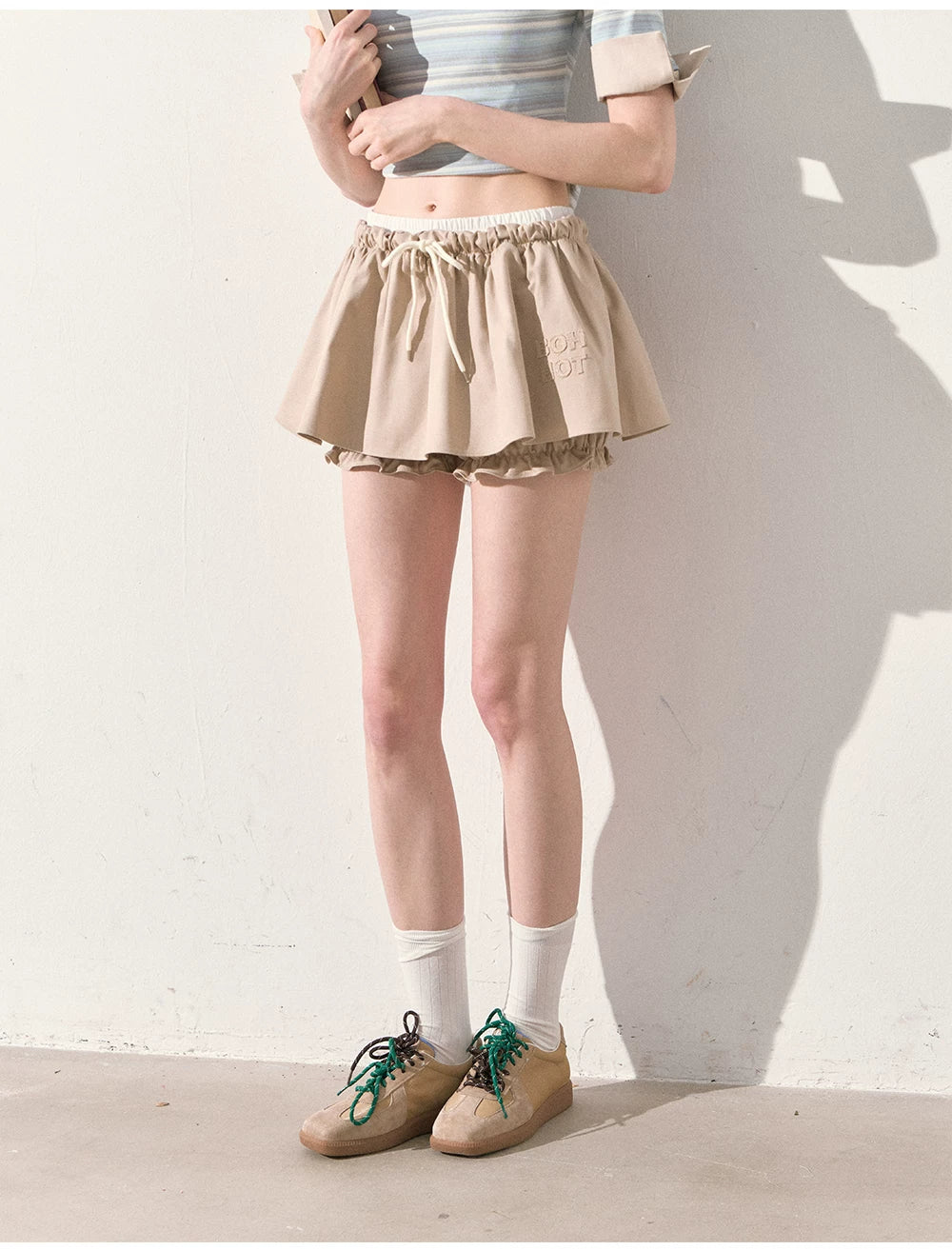 "The Space Between" Beige Drawstring Bubble Mini Skirt