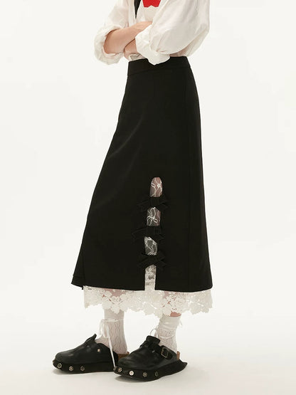 MAMC - Black Layered Lace Bow Maxi Skirt