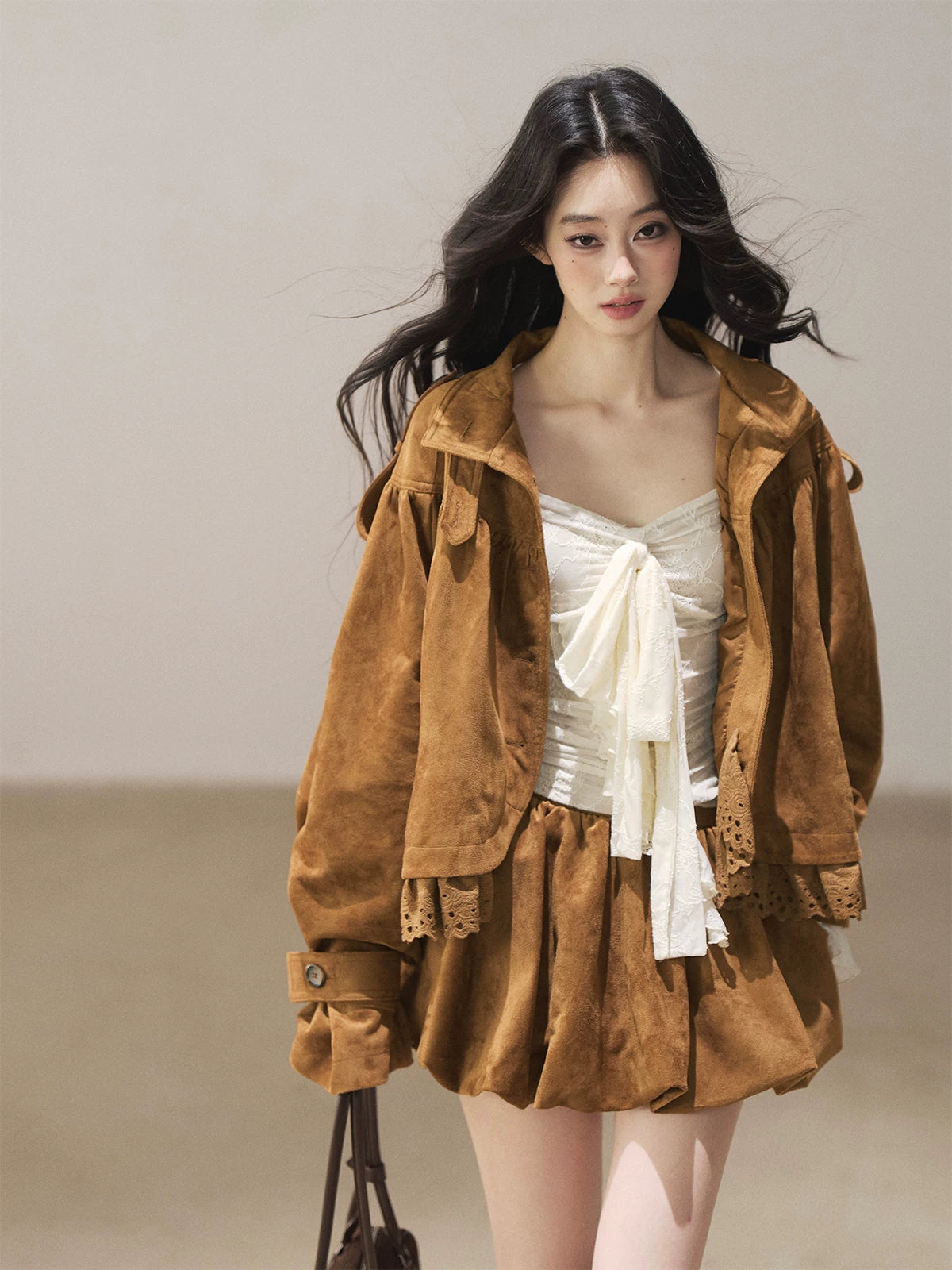AOMALM - "Wind Through the Valley" Toasted Pecan Brown Faux Suede Jacket & Mini Skirt Set
