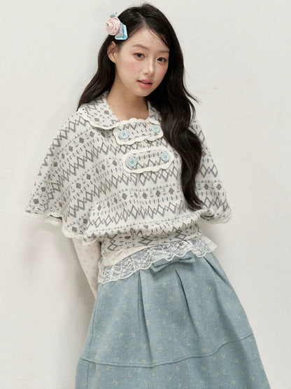 [RF] Mist Gray Argyle Jacquard Cropped Poncho-Style Pullover with Lace Trim