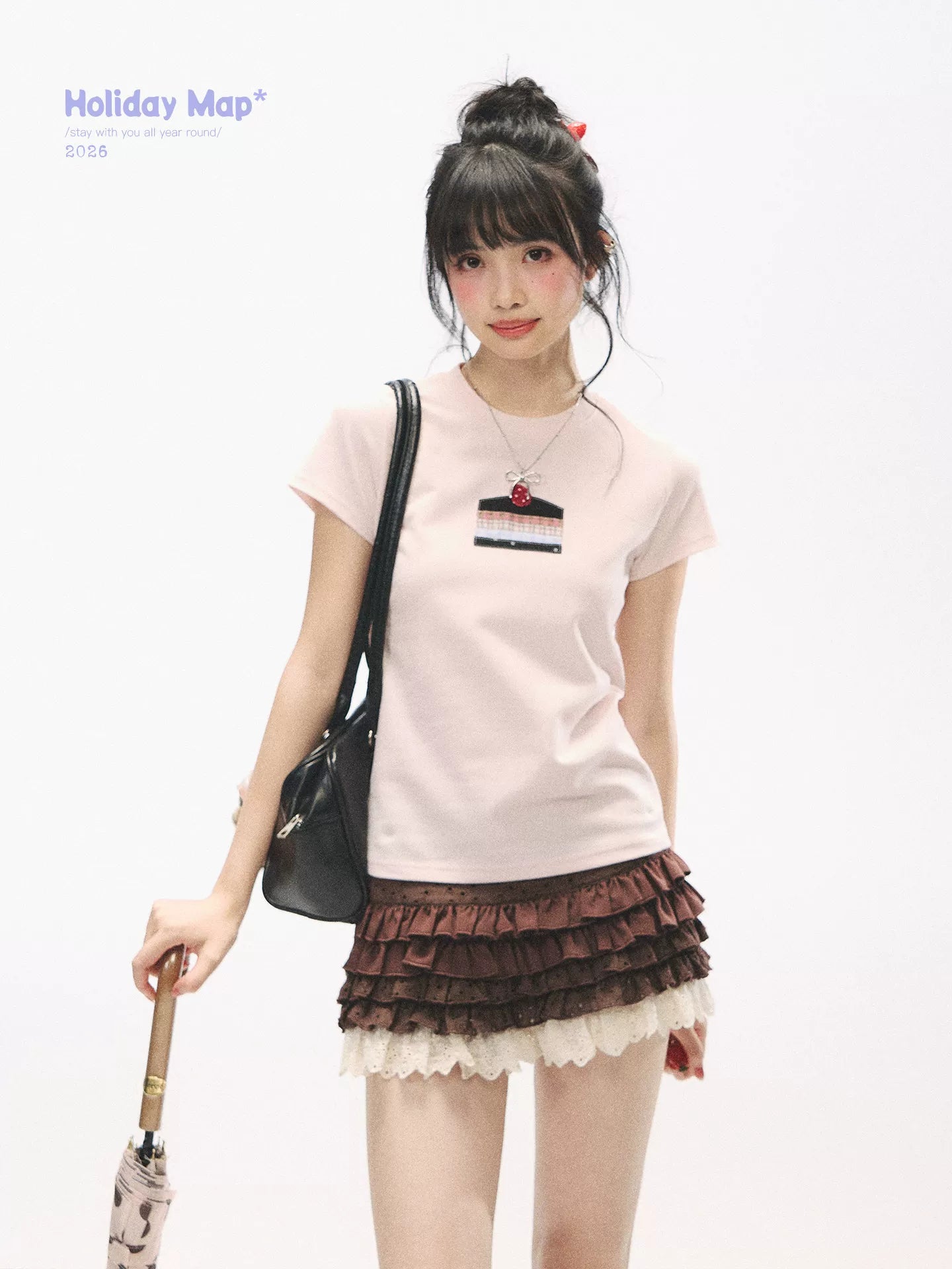 "Strawberry Shortcake Mood" Peach Pink Patchwork Cake Graphic Cotton Tee