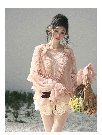 “Whispers of the Wind” Blush Pink Lace Chiffon Blouse (With Belt)
