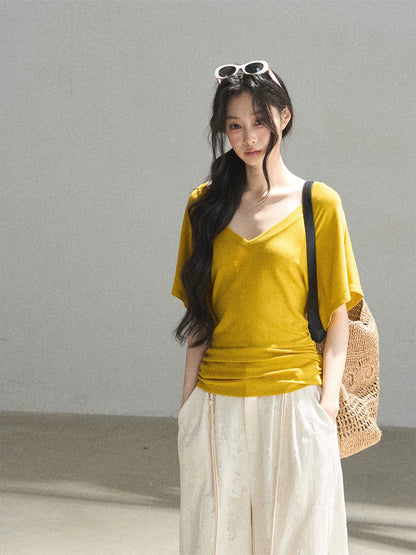 "The First Ray of Sunshine" V-Neck Crop Tee (Ginger Yellow. Creamy Apricot White)