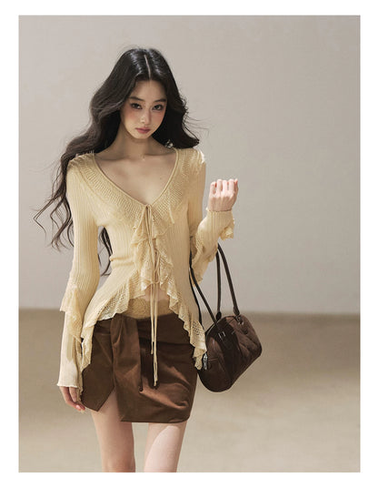 AOMALM - "The Gap of Light" Cheese Yellow Korean Ruffle Lace-Trim Knit Cardigan