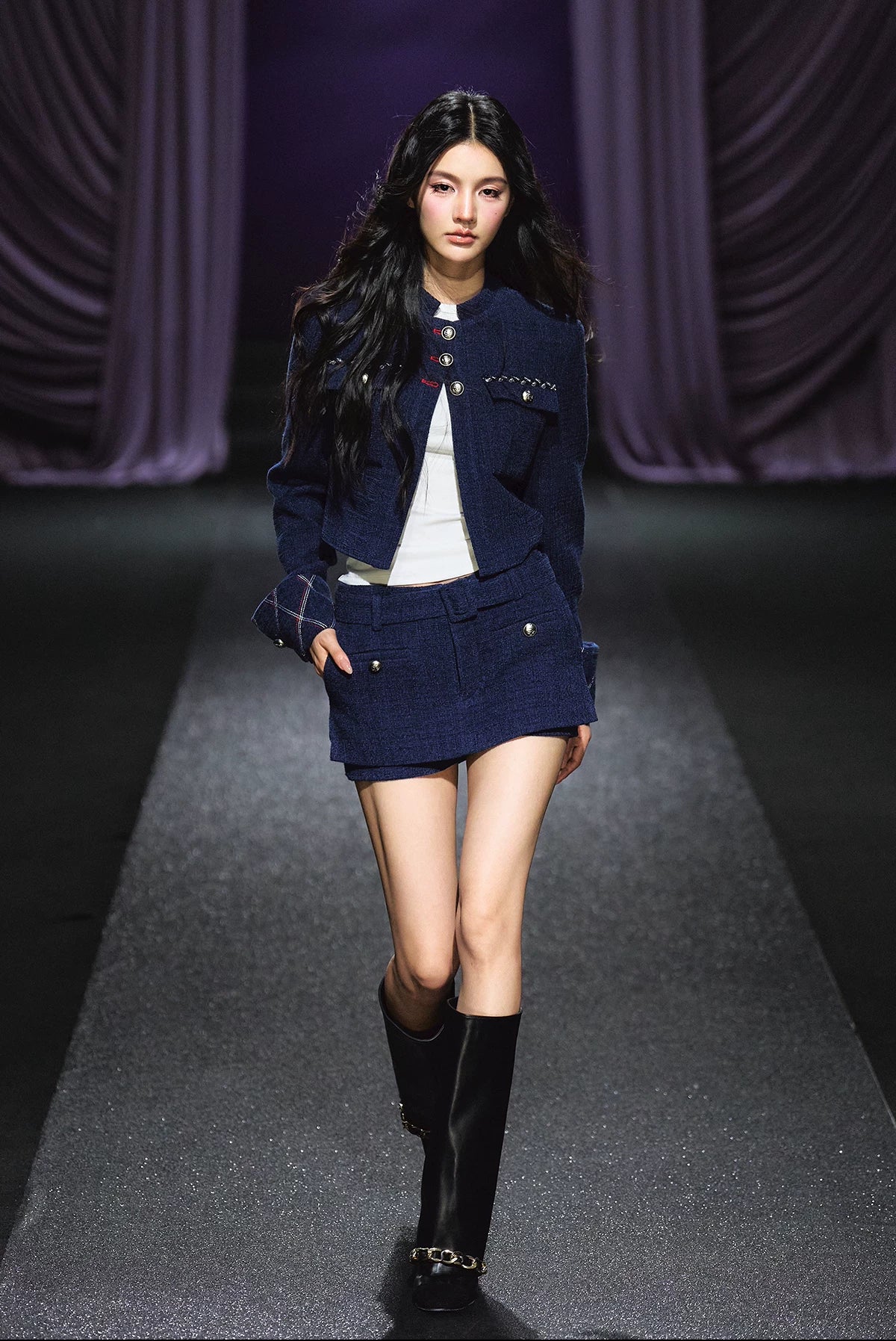 "Midnight Atelier" Navy Wool Quilted Jacket & A-Line Skort Set