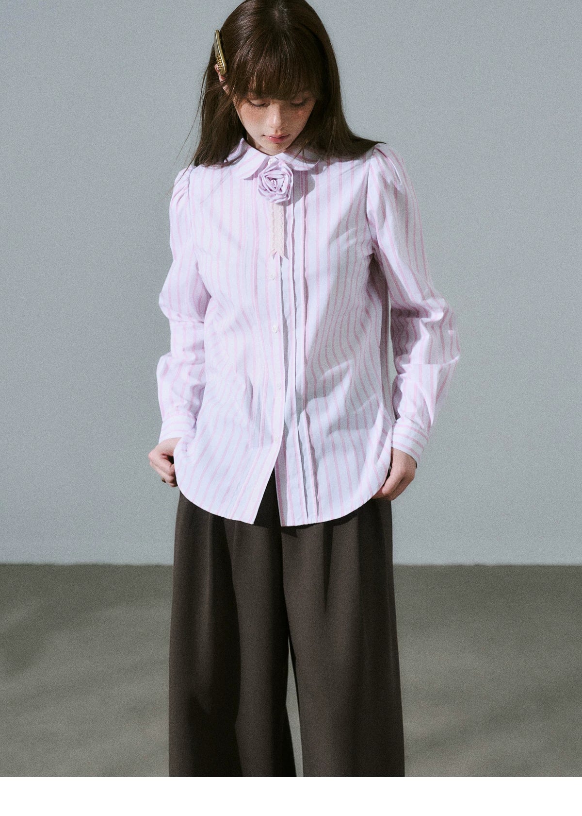 LOST FOREST - Flower Brooch Linen-Blend Shirt (Blue Stripe / Pink Stripe / Polka Dot)
