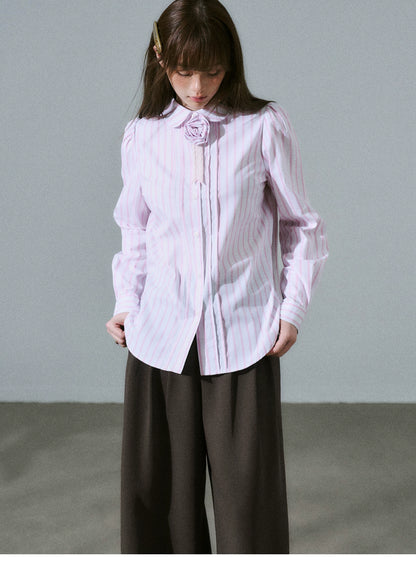 LOST FOREST - Flower Brooch Linen-Blend Shirt (Blue Stripe / Pink Stripe / Polka Dot)