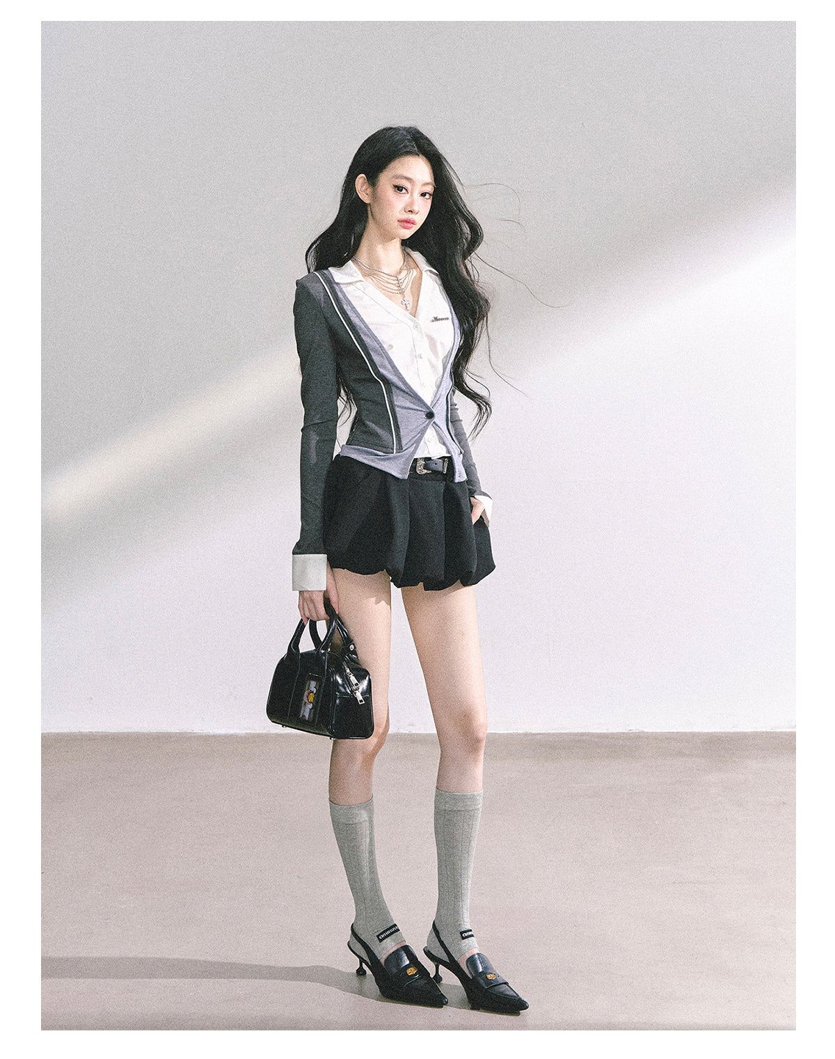 少也眼 "London Senior Muse" Layered Polo Long Sleeve Tee - Gray-White 924863