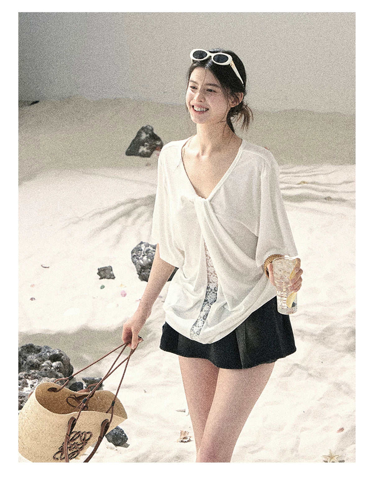 "Undisturbed Mist" Cloud White Lace Cutout V-Neck T-Shirt 45638453
