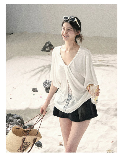 "Undisturbed Mist" Cloud White Lace Cutout V-Neck T-Shirt 45638453