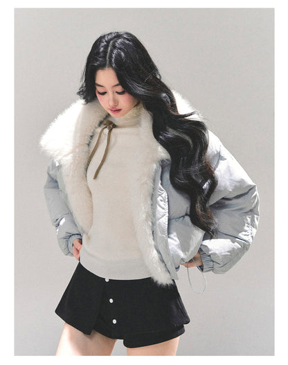 少也眼 "Silent Blue" Faux Fox Collar Down Jacket 784651