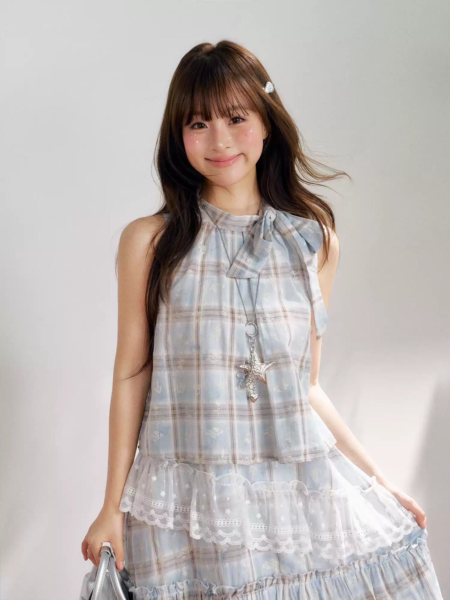 “Berry Fairytale Sonata” Misty Blue Ribbon Neck Lace Dress