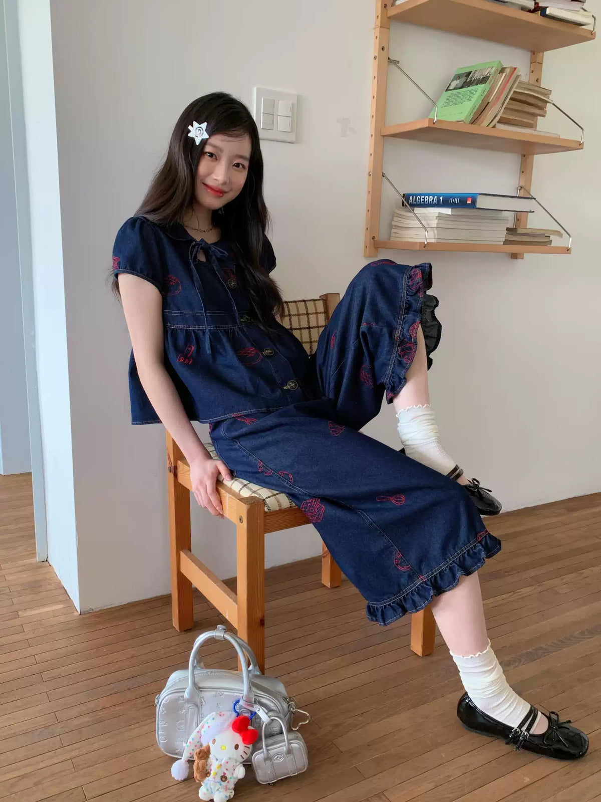 [RF] “Sweet Rebel Denim” Navy Embroidered Ruffle Top & Relaxed Pants Set
