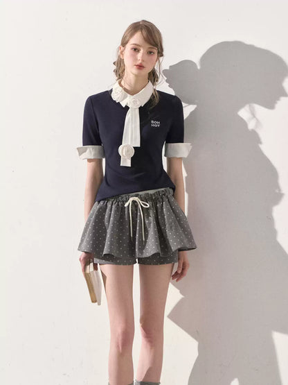 "Beyond the Classroom" Navy Layered Knit Top with Floral Tie