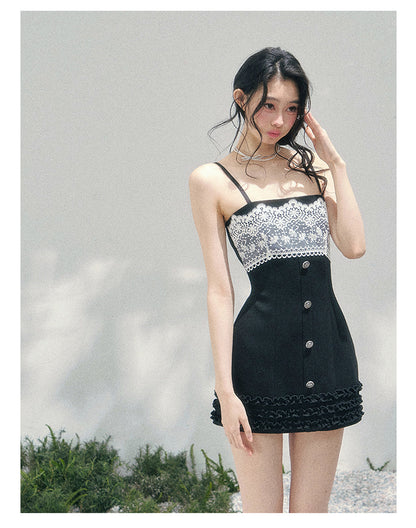 “Midnight Soliloquy” Black Lace Slip Mini Dress