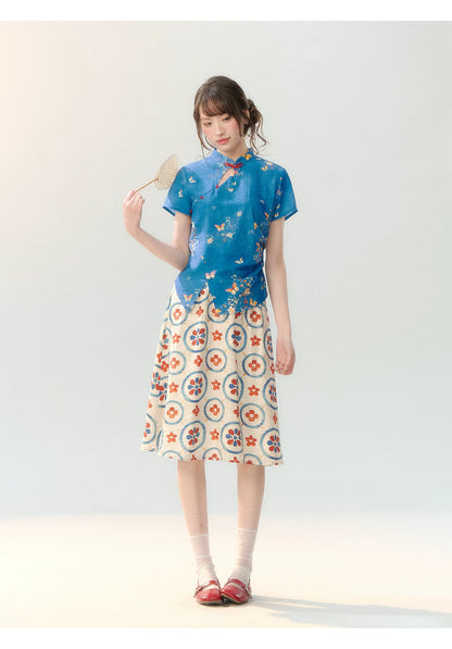 "Garden Letter" Blue Floral New Chinese Two-Piece Skirt Set