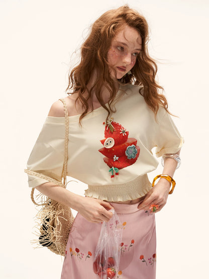 "Strawberry Tart Muse" Off-Shoulder Cropped T-shirt WE939