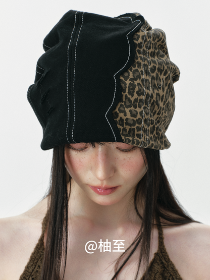 Leopard Patchwork Headscarf Beanie – Korean Style Slouchy Cap
