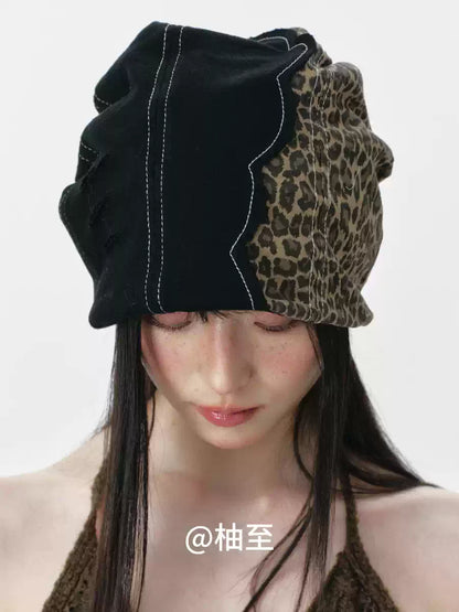 Leopard Patchwork Headscarf Beanie – Korean Style Slouchy Cap