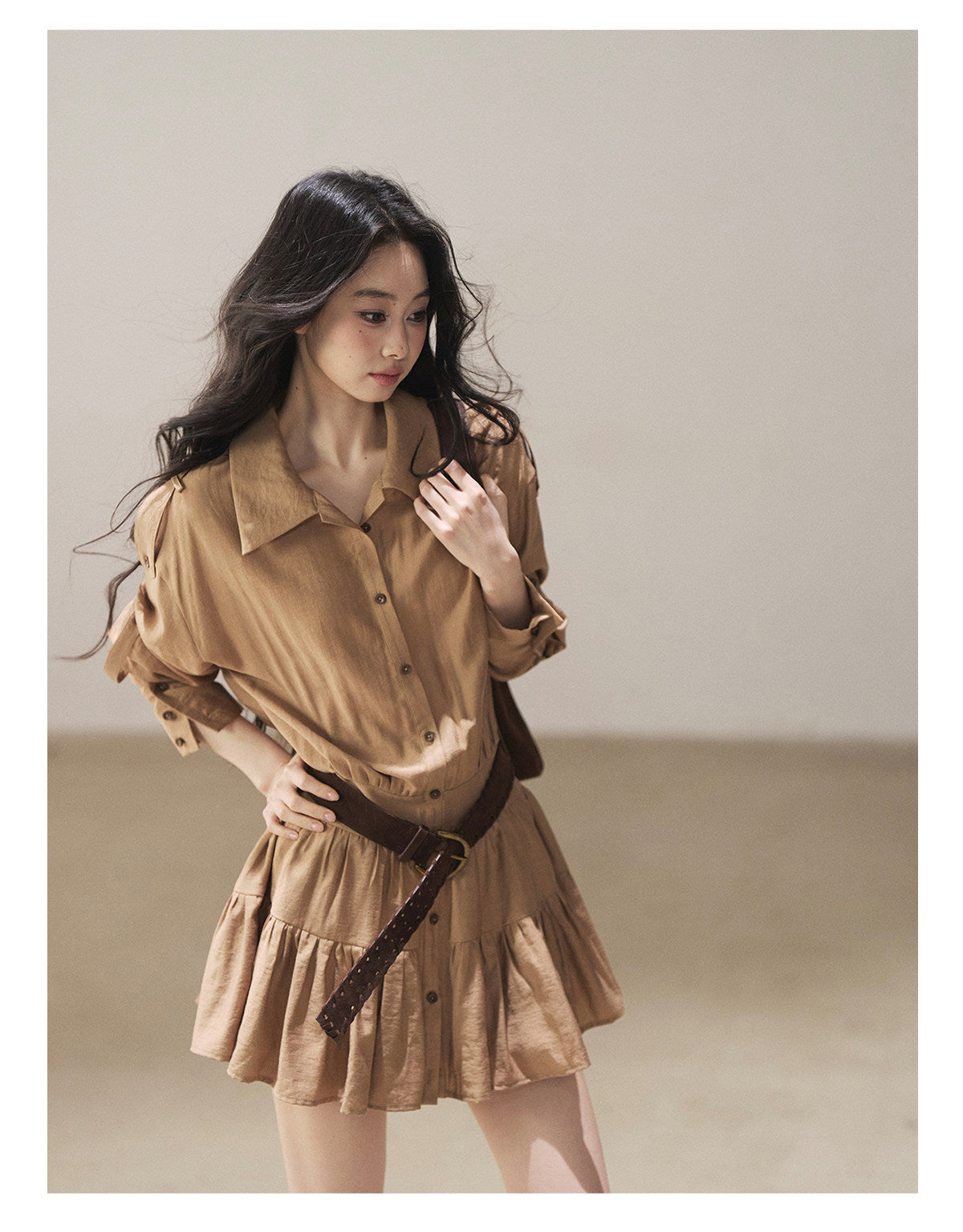 170726 "Through the Golden Wheat Fields" Chestnut Brown Utility Shirt Mini Dress with Belt & Shorts
