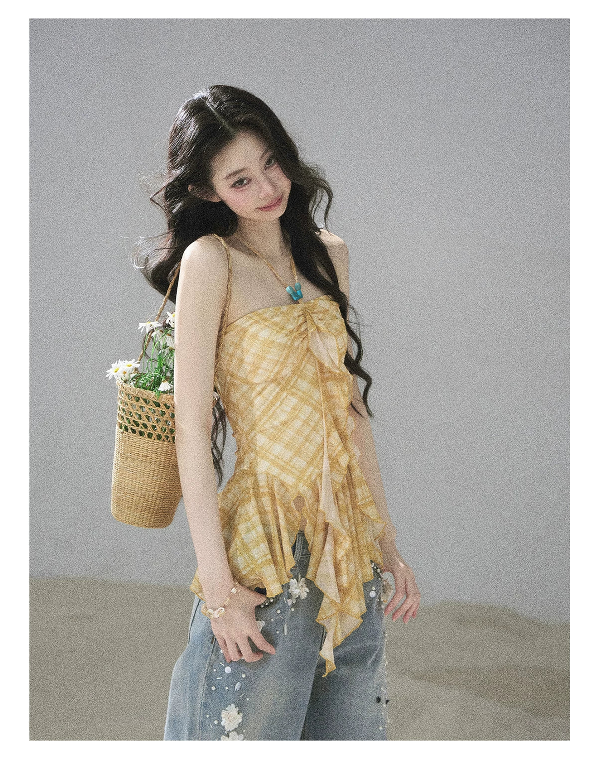 "Fields of Provence" Goose Yellow Halter Plaid Waist-Cinched Top